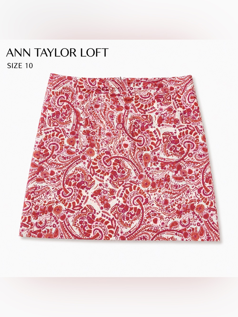 LOFT Pink Red Paisley Cotton Pencil Skirt Size 10 Lined Preppy Boho